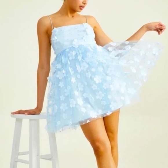 Altar'd State Dresses & Skirts - ALTARD STATE AURORA BLUE FLORAL MESH BABYDOLL DRESS SMALL